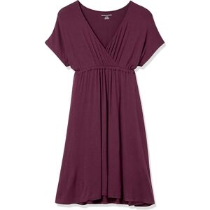 Burgundy plus size surplice fit and flare mini dress with short sleeves